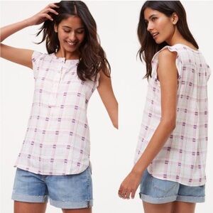 🎉Ann Taylor LOFT Plaid Ruffle Sleeve Henley Top Sz S